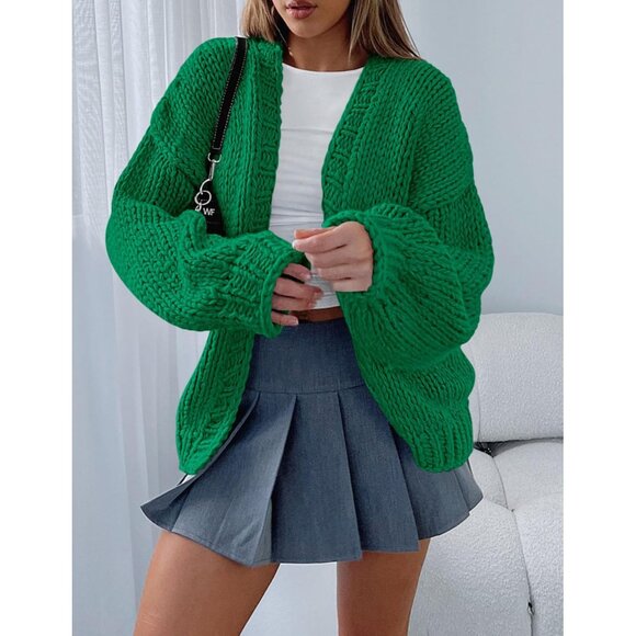 Womens Trendy Cardigan Sweaters Green Long Sleeve Chunky Knit Outfits - Picture 6 of 8